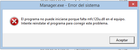 Screen shot of AR1688 Manager.exe Spanish mfc120u.dll error message.
