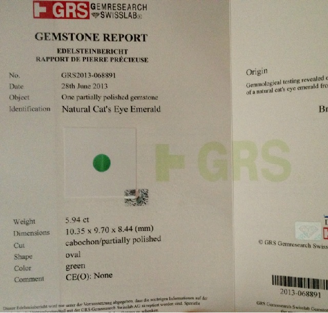 GRS report for emerald cat eye 5.94ct